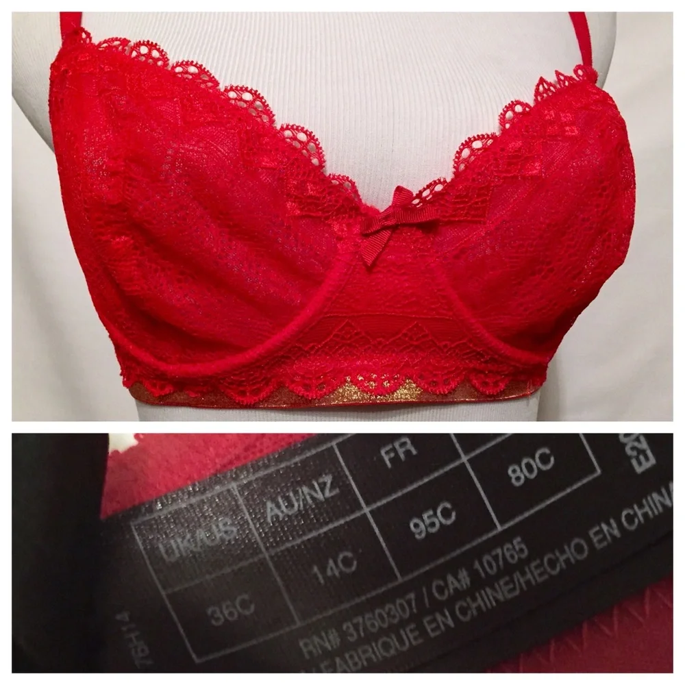 Heidi Klum Intimates Red & Gold Lace Bra,‎ 36C, NWOT
